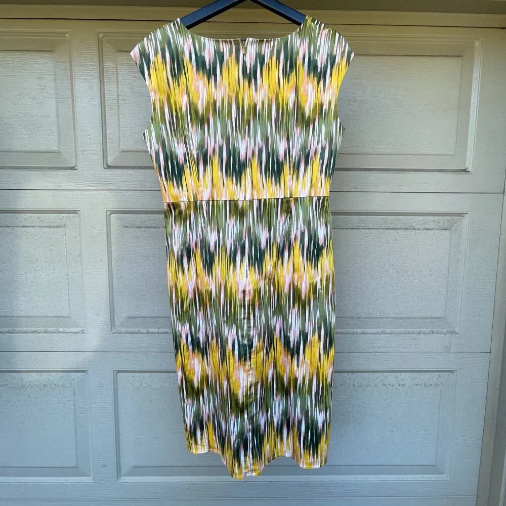 Ikat Print Donna Ricco Cotton Blend Yellow Green Sheath Dress 14